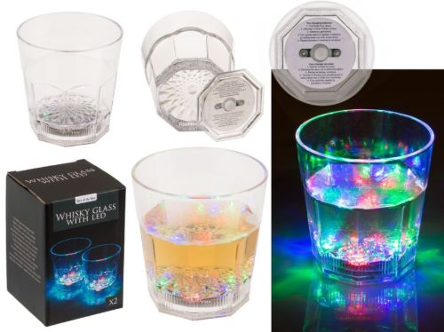 Bild von Acryl-Whisky-Glas, 2er Set, mit farbigen LED, ca.9x9cm, inkl.Batt., Box - VE 6