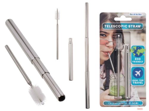 Bild von Ausziehbarer Metall-Trinkhalm Telescope, ca.21,5cm, Reinigungsbürste, Blisterkarte - VE 8
