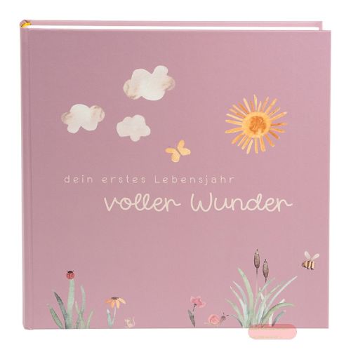 Bild von Babyalbum 4 S.illu., inkl. 6 farb. illu.Blättern, 60 S.weiss, 30x31cm, Wiese altrosa