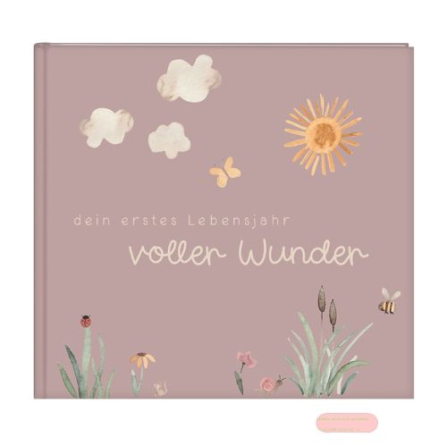 Bild von Babytagebuch mit 100 Seiten illustriert, 24,5x22,5cm, voller Wunder - Wiese altrosa