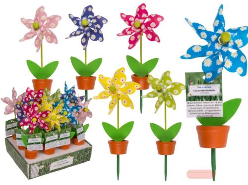 Bild von Bunte Windmühle auf Holzstab im Topf, ca.20cm, 6-fach gemischt im Display - VE 12