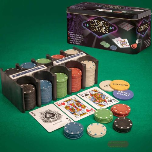 Bild von CASINO GAMES, verschiedene Spiele mit Chips, Spielfeld ca.95x58cm, in Blechdose - VE 3