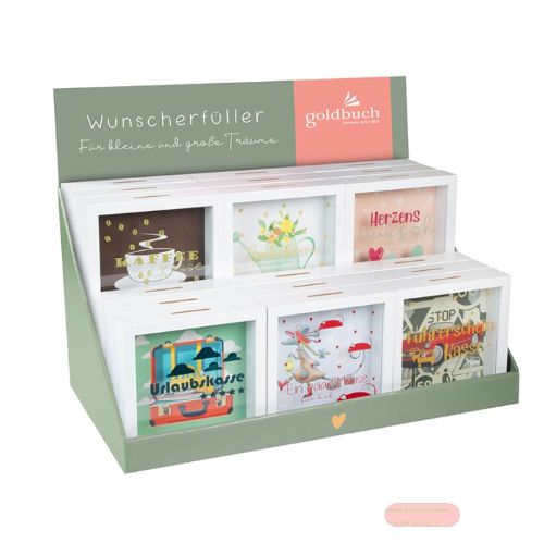 Bild von Display Wunscherfüller Holzkasten/Glas 16x16x4cm, 6 x 3 Stk. gemischt - VE 18