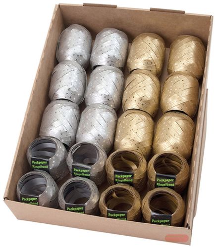 Bild von Eiknäuel Kraftpapier Sterne gold/silber, Polyband 10mmx12m , sortiert in box - VE 20