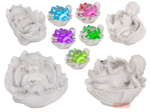 Bild von Engel liegend in Muschel mit Kristall-Herz, polyresin, LED, ca.13x11cm, 2-fach ass. - VE 2