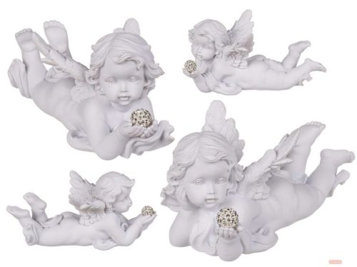 Bild von Engel liegend weiss mit Kristalldeko, ca.16x7cm, polyresin, 2-fach ass. - VE 6