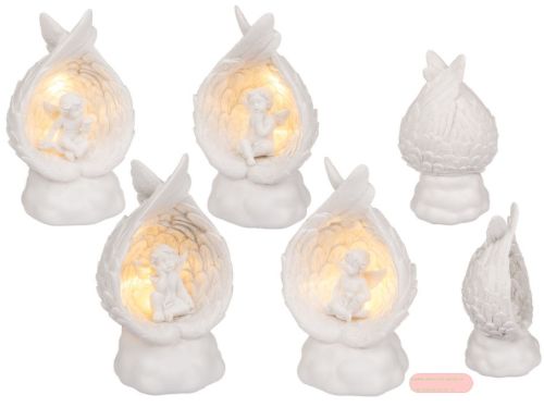 Bild von Engel sitzend im Flügel mit LED(inkl. Batt.), ca.13x6,5cm, polyresin, mehrfach ass. - VE 4