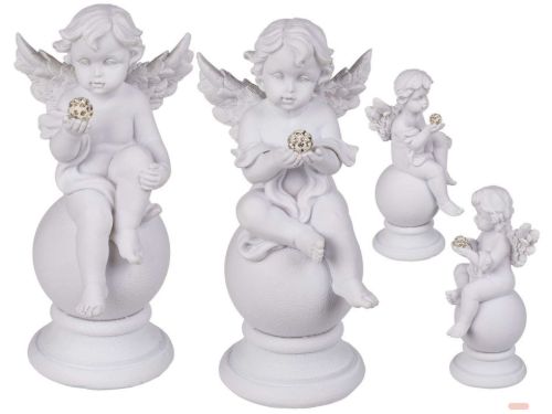 Bild von Engel weiss sitzend auf Ball mit Kristalldeko, ca.8x16,5cm, polyresin, 2-fach ass. - VE 6