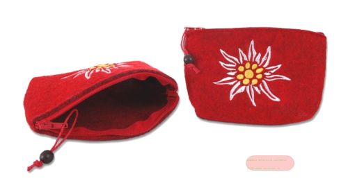 Bild von Filzgeldbeutel rot/grün gemischt, ca.13x9cm, mit gesticktem Edelweissmotiv - VE 12