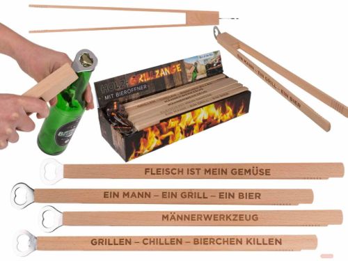 Bild von Flaschenöffner Grillzange Holz/Metall, ca.43cm, 4 diverse Sprüche, Display - VE 12