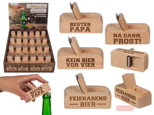 Bild von Flaschenöffner Hobel Holz/Metall, ca.9x6cm, 4 diverse Sprüche, Display - VE 24