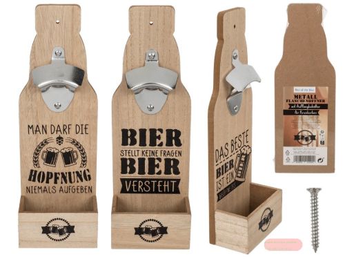 Bild von Flaschenöffner Holz/Metall, ca.30x10cm, 3 diverse Sprüche gemischt - VE 12