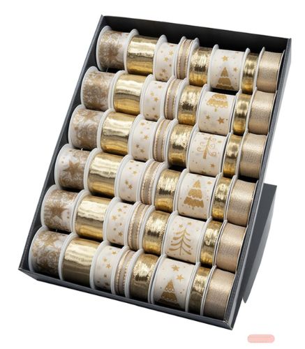 Bild von Geschenkband, z.T. mit Drahtkante, verschiedene Breiten/Längen, gold gemischt - VE 48