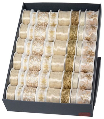 Bild von Geschenkband, z.T. mit Drahtkante, verschiedene Breiten/Längen, natur/creme/gold - VE 48