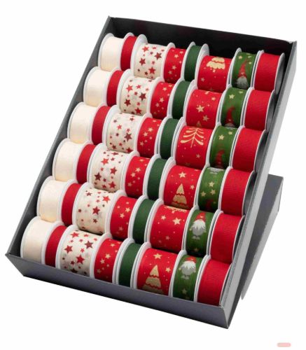 Bild von Geschenkband, z.T. mit Drahtkante, verschiedene Breiten/Längen, rot-grün gemischt - VE 48