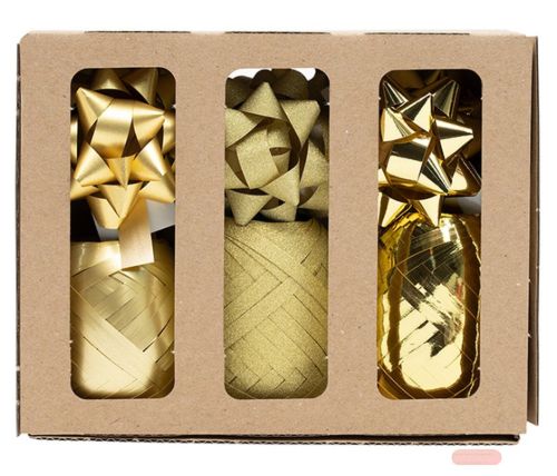 Bild von Geschenkband-Sets 9-teilig, Inhalt 6 x Rosetten & 3 x Eiknäuel, gold - VE 10