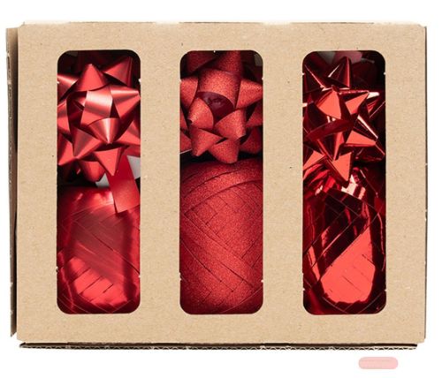 Bild von Geschenkband-Sets 9-teilig, Inhalt 6 x Rosetten & 3 x Eiknäuel, rot - VE 10