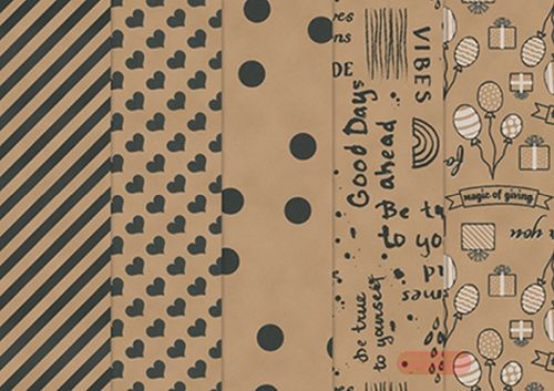 Bild von Geschenkpapier Rollen 3m x 100cm,Krafpapier beidseitig bedruckt, 5 Motive gemischt - VE 25