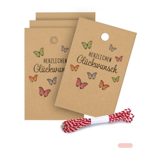 Bild von HERZLICHEN GLÜCKWÜNSCH, Anhängerset, 4er Set, 8,5x5,5cm & 1,1m Kordel - VE 10 (Sets)