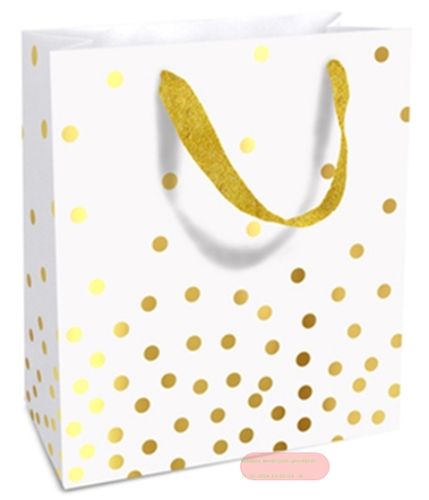 Bild von Geschenktasche matt, 18x21x8cm, Golden Dots, weiss - VE 8