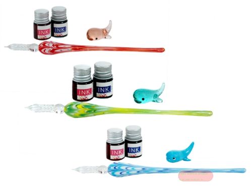 Bild von Glasfederschreiber 18cm, handgefertigt,  mit 2 xTinte, mehrfach gemischt - VE 12