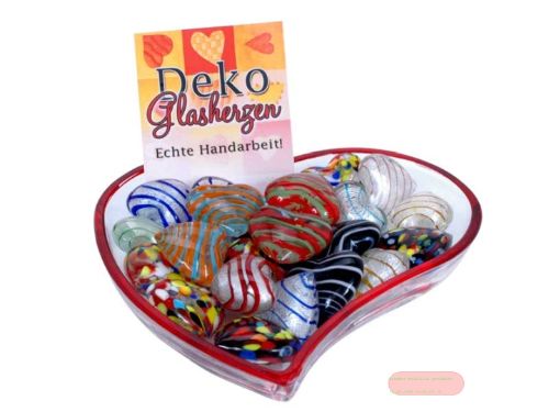 Bild von Glas-Herzen , mundgeblasen, 4x4cm, 12 fach-ass. - VE 24