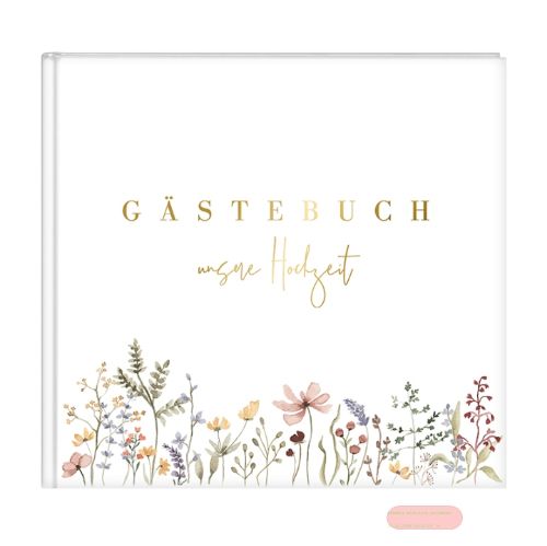 Bild von Hochzeits-Gästebuch mit 100 Seiten illustriert, 24,5x22,5cm, Blütenliebe weiss