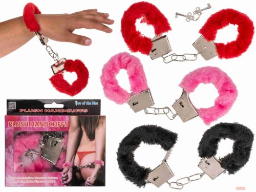 Bild von Handschellen mit Plüsch, 3-fach ass. in rot, pink und schwarz, mit Schlüssel, Box - VE 12