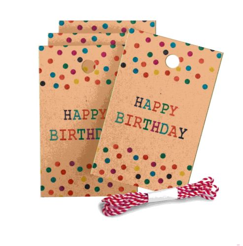 Bild von HAPPY BIRTHDAY, Anhängerset, 4er Set, 8,5x5,5cm & 1,1m Kordel - VE 10 (Sets)