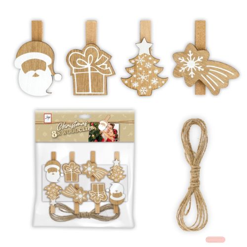 Bild von Holzclips 8er Set mit 2m Schnur, Kit Wood Clips Natural, LK42N, Beutel Headercard - VE 3