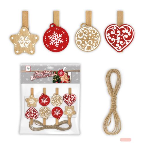 Bild von Holzclips 8er Set mit 2m Schnur, Kit Wood Clips White, LK40W, Beutel Headercard - VE 3