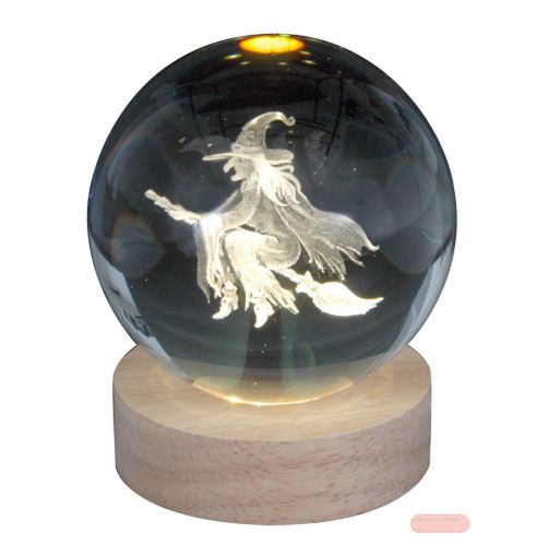 Bild von Klarglaskugel, ca.8cm, LED-Holzsockel mit USB, eingelasertes Motiv Hexe
