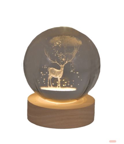 Bild von Klarglaskugel, ca.8cm, LED-Holzsockel mit USB, eingelasertes Motiv Hirsch