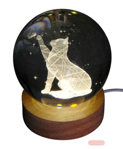 Bild von Klarglaskugel, ca.8cm, LED-Holzsockel mit USB, eingelasertes Motiv Katze