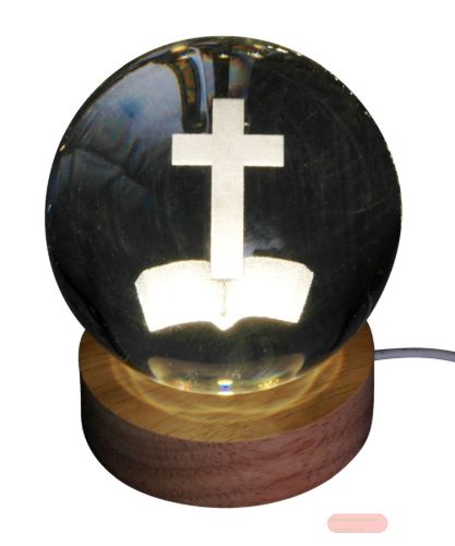 Bild von Klarglaskugel, ca.8cm, LED-Holzsockel mit USB, eingelasertes Motiv Kreuz