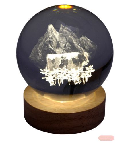 Bild von Klarglaskugel, ca.8cm, LED-Holzsockel mit USB, eingelasertes Motiv Kuh