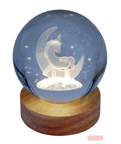 Bild von Klarglaskugel, ca.8cm, LED-Holzsockel mit USB, eingelasertes Motiv Einhorn
