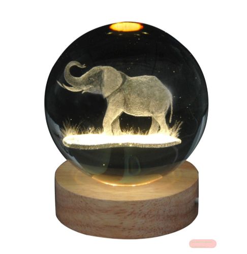Bild von Klarglaskugel, ca.8cm, LED-Holzsockel mit USB, eingelasertes Motiv Elephant