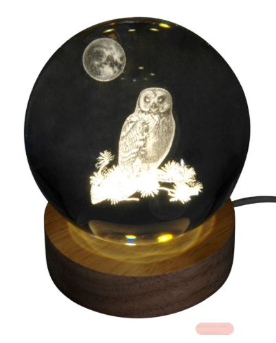 Bild von Klarglaskugel, ca.8cm, LED-Holzsockel mit USB, eingelasertes Motiv Eule