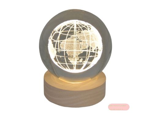 Bild von Klarglaskugel, ca.8cm, LED-Holzsockel mit USB, eingelasertes Motiv Globus