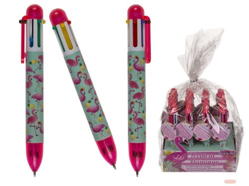 Bild von Kunststoff-Kugelschreiber Flamingo, mit 6-farbigen Minen, im Display - VE 24