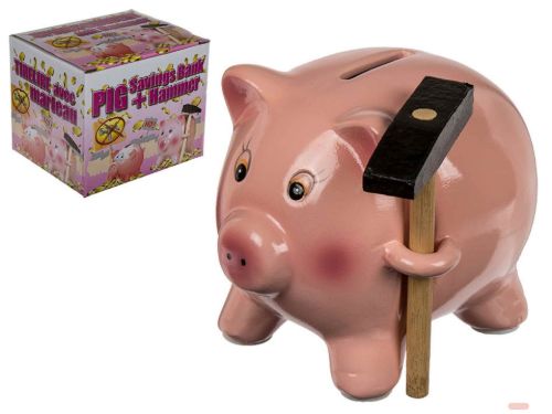 Bild von Keramik- Spardose, Schwein mit Hammer, ca. 15cm, Box - VE 6