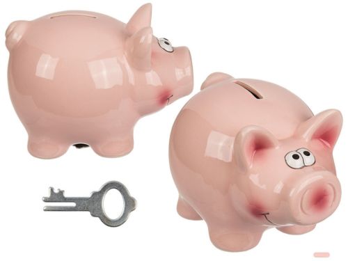 Bild von Keramik-Spardose Schwein rosa ca. 15x11x11cm mit Schloss - VE 4