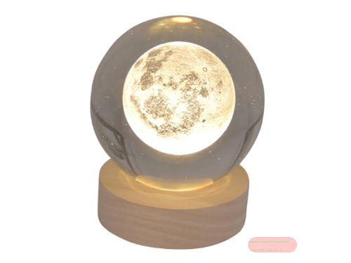 Bild von Klarglaskugel, ca.8cm, LED-Holzsockel mit USB, eingelasertes Motiv Mond