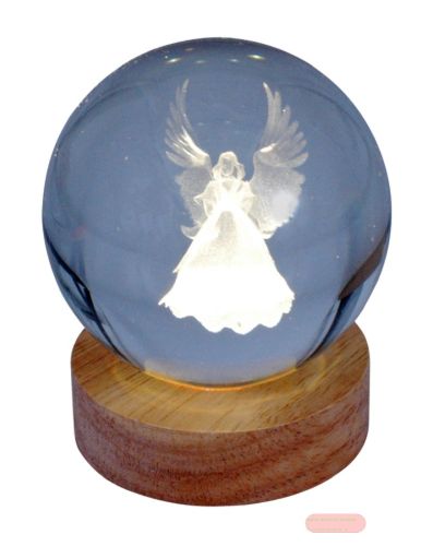 Bild von Klarglaskugel, ca.8cm, LED-Holzsockel mit USB, eingelasertes Motiv Schutzengel