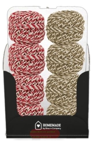 Bild von Kordeln aus Baumwolle, 2mm x 10m, rot/weiss + natur/weiss gemischt, Display - VE 16