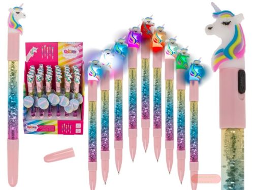 Bild von Kunststoff Kugelschreiber Einhorn mit Glimmer/LED inkl.Batt., ca.15cm, Display - VE 24