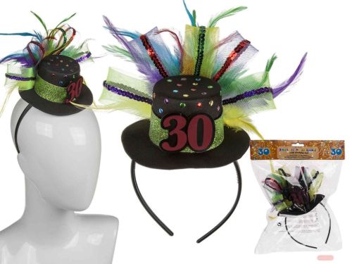 Bild von Kunststoff-Haarreif mit Geburtstagshut & Deko, 21x24cm, Zahl 30 - VE 6