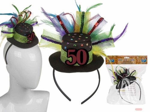 Bild von Kunststoff-Haarreif mit Geburtstagshut & Deko, 21x24cm, Zahl 50 - VE 6