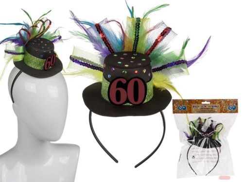 Bild von Kunststoff-Haarreif mit Geburtstagshut & Deko, 21x24cm, Zahl 60 - VE 6